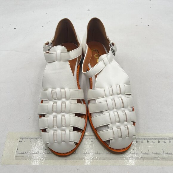 FSJ White Closed Toe Low Block Heel Woven Roman Ankle Strap Hollow Caged Sandals - Picture 3 of 8